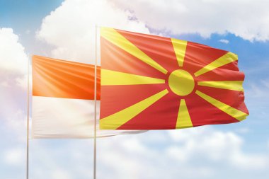 Sunny blue sky and flags of north macedonia and indonesia