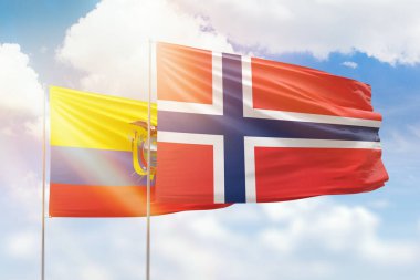 Sunny blue sky and flags of norway and ecuador