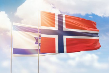 Sunny blue sky and flags of norway and israel