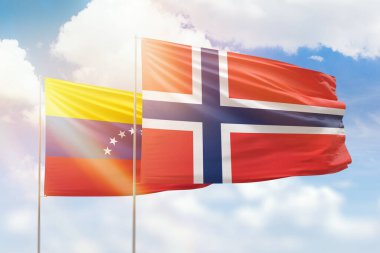Sunny blue sky and flags of norway and venezuela