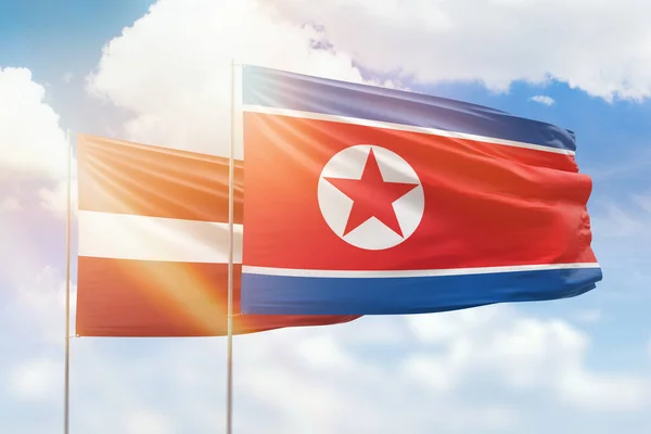 Sunny Blue Sky Flags North Korea Latvia — Fotografia de Stock