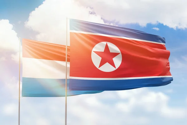 Sunny Blue Sky Flags North Korea Luxembourg — Fotografia de Stock