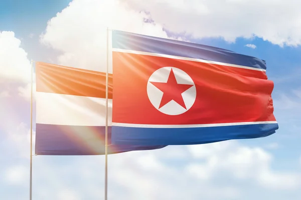 Sunny Blue Sky Flags North Korea Netherlands — Fotografia de Stock