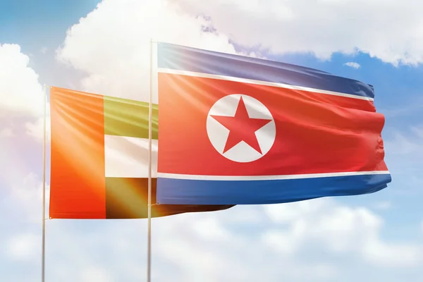 Sunny Blue Sky Flags North Korea Uae — Fotografia de Stock