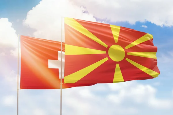 Sunny Blue Sky Flags North Macedonia Switzerland — Fotografie, imagine de stoc