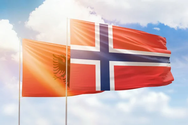 Sunny Blue Sky Flags Norway Albania — 图库照片