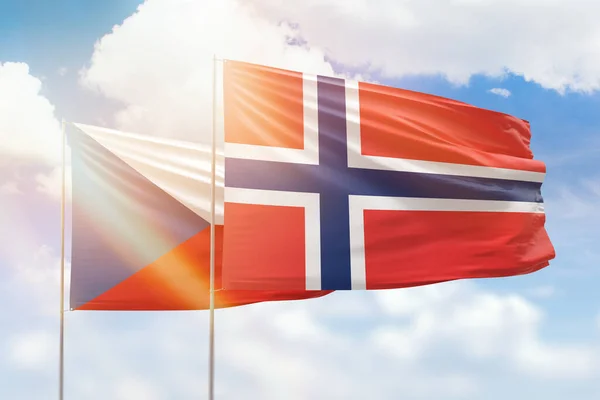 Sunny Blue Sky Flags Norway Czechia — 图库照片