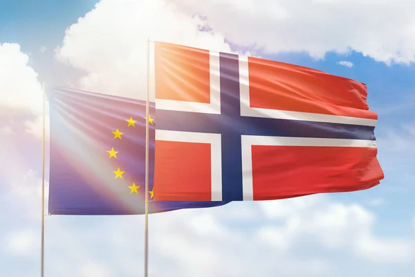 Sunny Blue Sky Flags Norway European Union — 图库照片