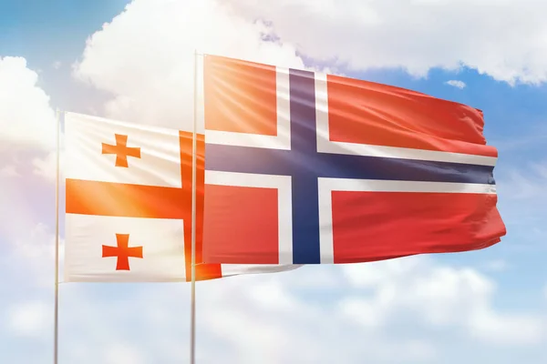 Sunny Blue Sky Flags Norway Georgia — Zdjęcie stockowe