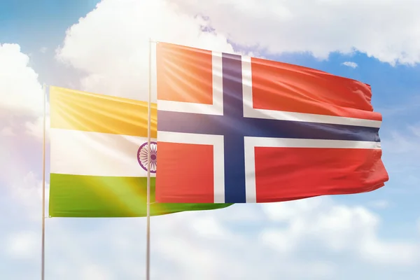 Sunny Blue Sky Flags Norway India — Stockfoto