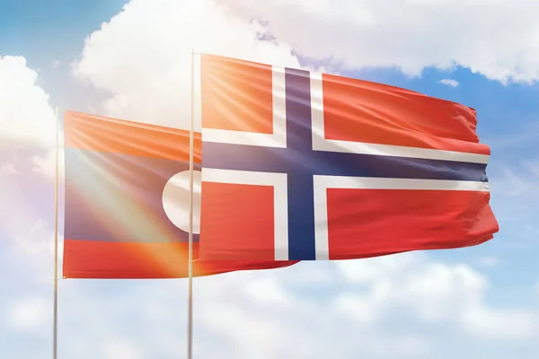 Sunny Blue Sky Flags Norway Laos — 图库照片