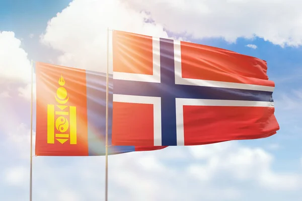 Sunny Blue Sky Flags Norway Mongolia — 图库照片