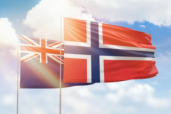 Sunny Blue Sky Flags Norway New Zealand — 图库照片