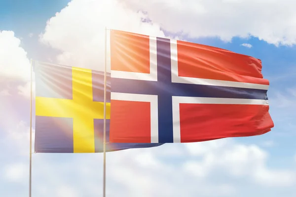 Sunny Blue Sky Flags Norway Sweden — Stock Photo, Image