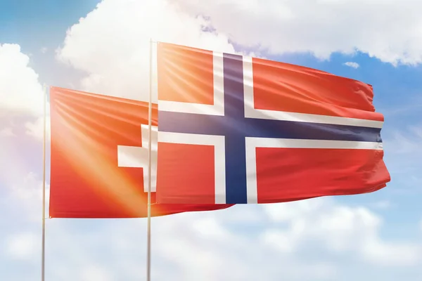 Sunny Blue Sky Flags Norway Switzerland — 图库照片