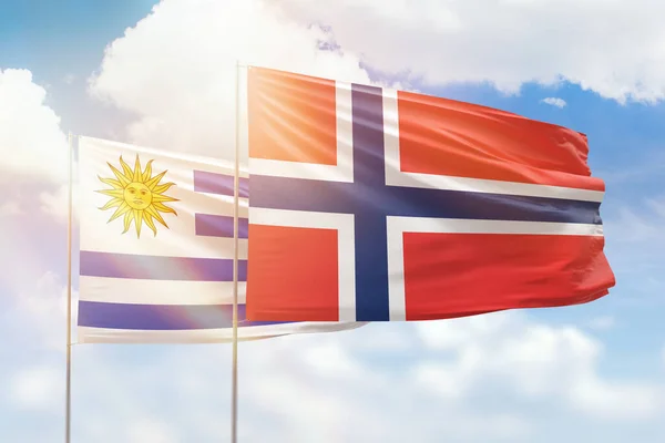 Sunny Blue Sky Flags Norway Uruguay — Zdjęcie stockowe