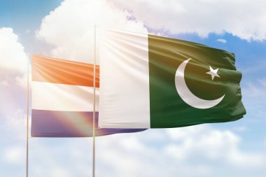 Sunny blue sky and flags of pakistan and netherlands