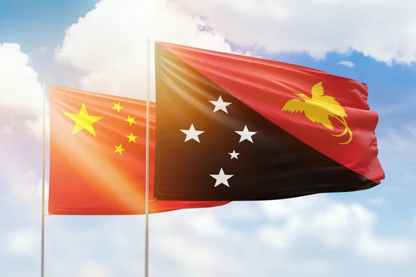 Sunny Blue Sky Flags Papua New Guinea China — Foto Stock
