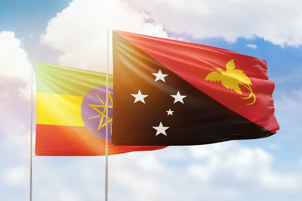 Sunny Blue Sky Flags Papua New Guinea Ethiopia — Stock Fotó