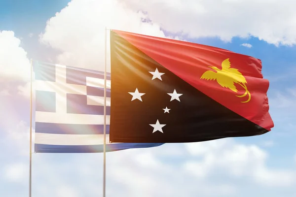 Sunny Blue Sky Flags Papua New Guinea Greece — Foto Stock