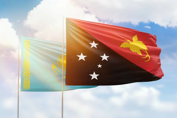 Sunny Blue Sky Flags Papua New Guinea Kazakhstan — Stock Fotó