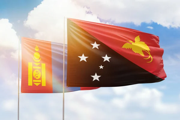 Sunny Blue Sky Flags Papua New Guinea Mongolia — Stockfoto