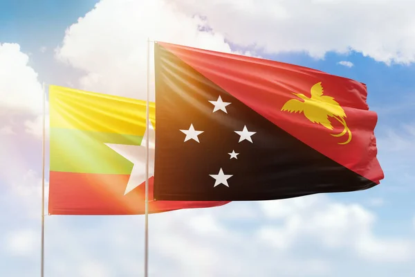 Sunny Blue Sky Flags Papua New Guinea Myanmar — Stock Fotó
