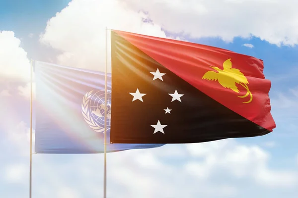 Sunny Blue Sky Flags Papua New Guinea United Nations — Stockfoto