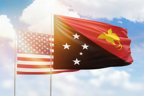 Sunny Blue Sky Flags Papua New Guinea Usa — Stockfoto