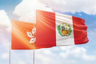Sunny blue sky and flags of peru and hong kong