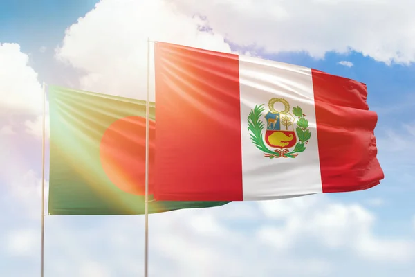 Sunny Blue Sky Flags Peru Bangladesh — Zdjęcie stockowe