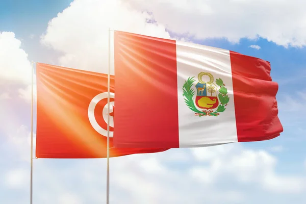 Sunny Blue Sky Flags Peru Tunisia — Fotografia de Stock