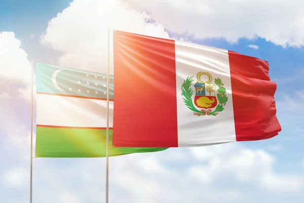 Sunny Blue Sky Flags Peru Uzbekistan — Zdjęcie stockowe