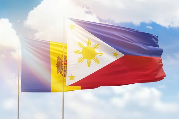 Sunny Blue Sky Flags Philippines Moldova — Stok fotoğraf