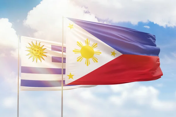 Sunny Blue Sky Flags Philippines Uruguay — Stockfoto