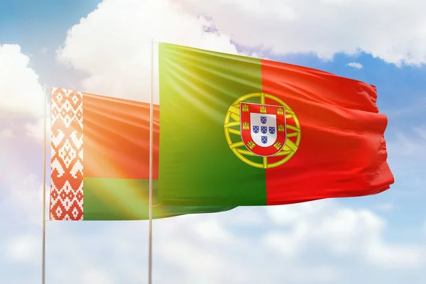 Sunny Blue Sky Flags Portugal Belarus — Fotografia de Stock