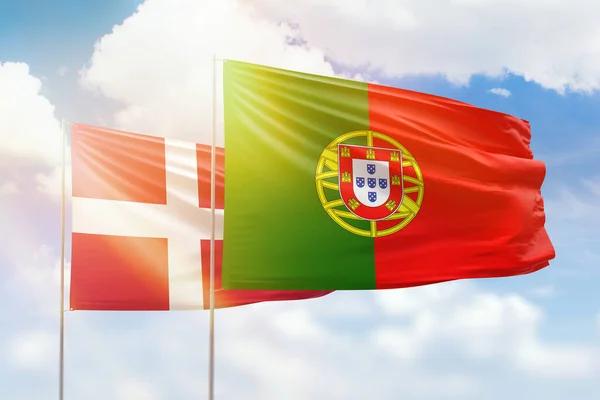 Sunny Blue Sky Flags Portugal Denmark — Stockfoto