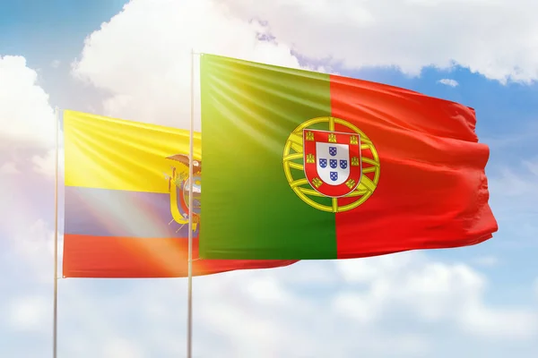 Sunny Blue Sky Flags Portugal Ecuador — 스톡 사진