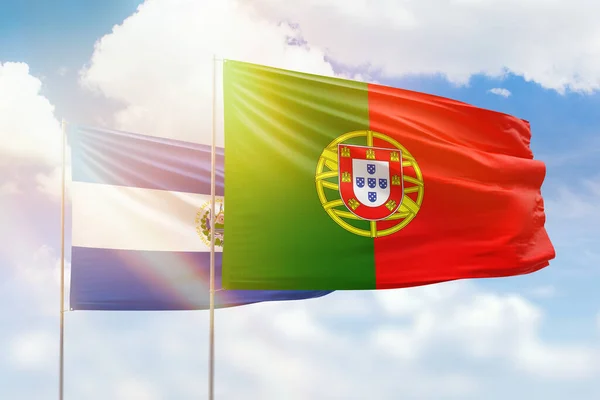 Sunny Blue Sky Flags Portugal Salvador — Stock fotografie