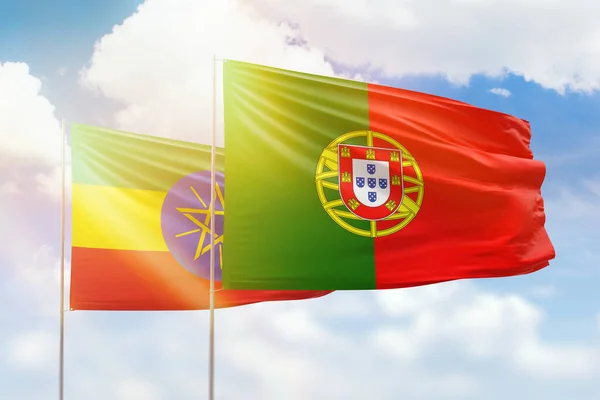 Sunny Blue Sky Flags Portugal Ethiopia — Stok fotoğraf