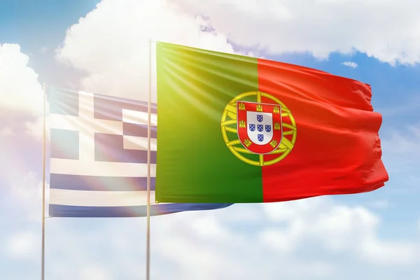 Sunny Blue Sky Flags Portugal Greece — Stok fotoğraf