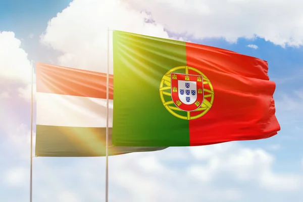 Sunny Blue Sky Flags Portugal Hungary — Stok fotoğraf