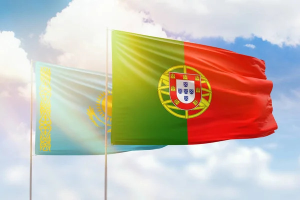 Sunny Blue Sky Flags Portugal Kazakhstan — Fotografia de Stock