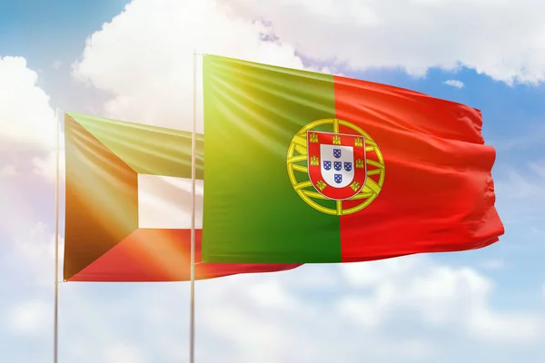 Sunny Blue Sky Flags Portugal Kuwait — Foto Stock