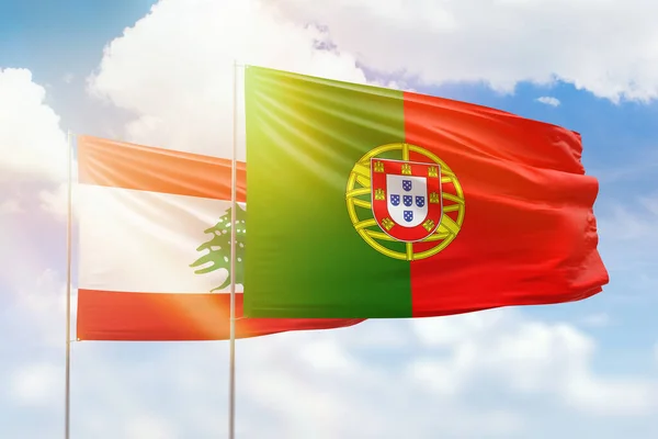 Sunny Blue Sky Flags Portugal Lebanon — Stok fotoğraf