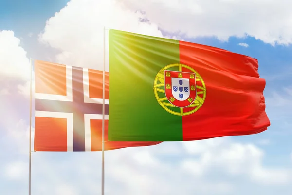 Sunny Blue Sky Flags Portugal Norway — Stok fotoğraf