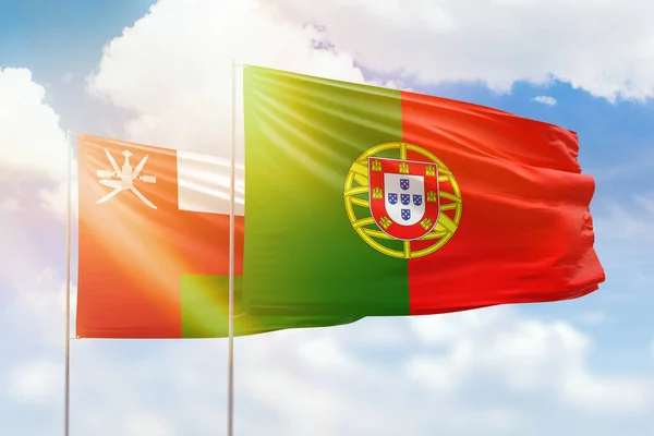 Sunny Blue Sky Flags Portugal Oman — Stockfoto