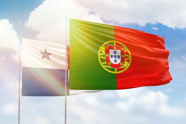 Sunny Blue Sky Flags Portugal Panama — Stockfoto