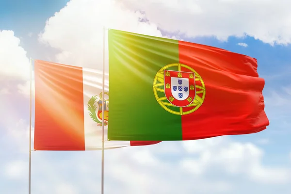 Sunny Blue Sky Flags Portugal Peru — Foto Stock