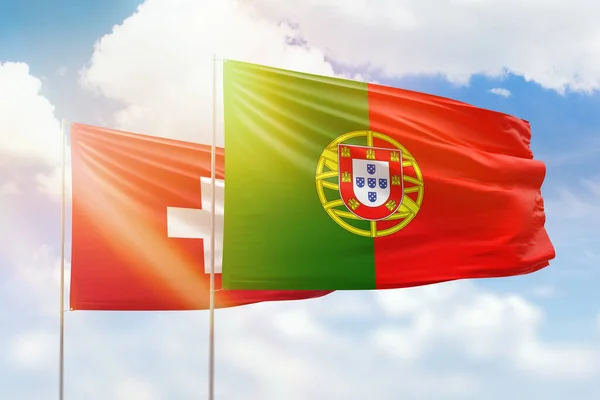 Sunny Blue Sky Flags Portugal Switzerland — Fotografia de Stock